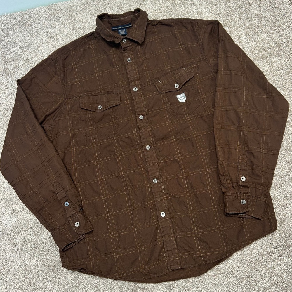 Marithe Francois Girbaud Men's XL Brown Button Up Shirt Y2K Long Sleeve Vintage